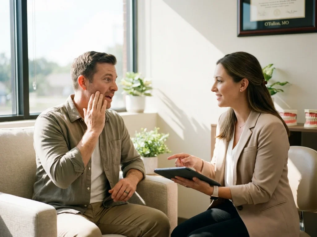 Dentist and patient conversing in a welcoming dental office
