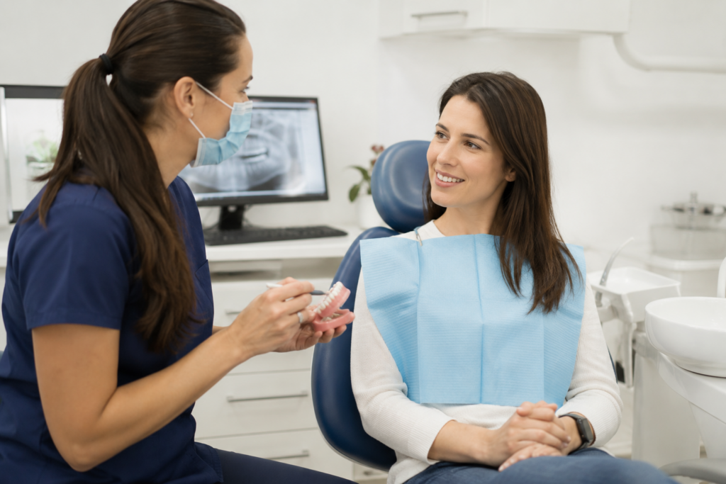 Dentist explaining scaling and root planing treatment to a patient during a periodontal evaluation