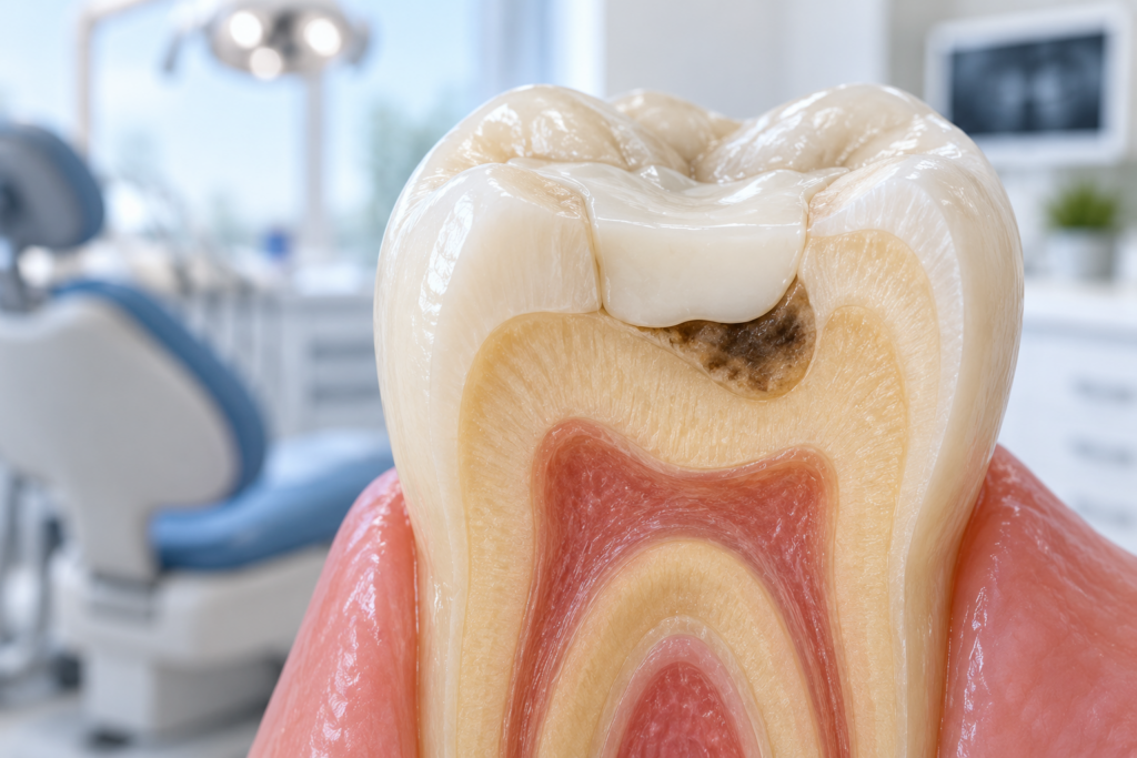 Cutaway view of a molar showing dark tooth decay developing underneath a tooth-colored filling.
